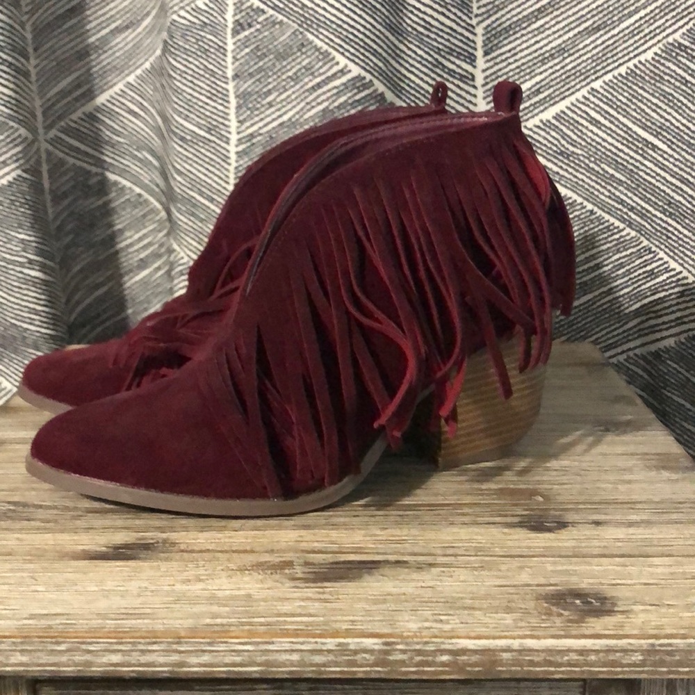 Maroon fringe ankle boots